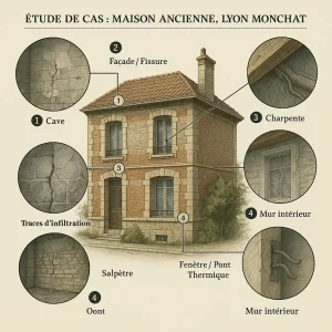 infographie sur l'étude de cas d'une maison des années 1930 dans le quartier de Monthcat à Lyon. les experts en bâtiment d'AEB 360 ont réalisé une expertise complète de cette maison avant travaux