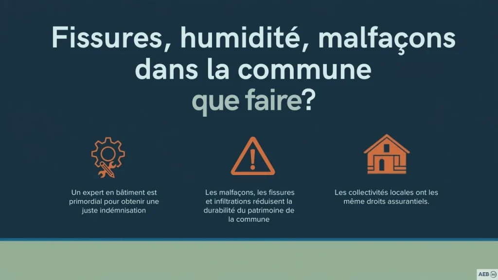 le cabinet AEB 360, experts en bâtiment, accompagne les mairies, les communes, les collectivités locales, dans leur litige technique avec les assurances.